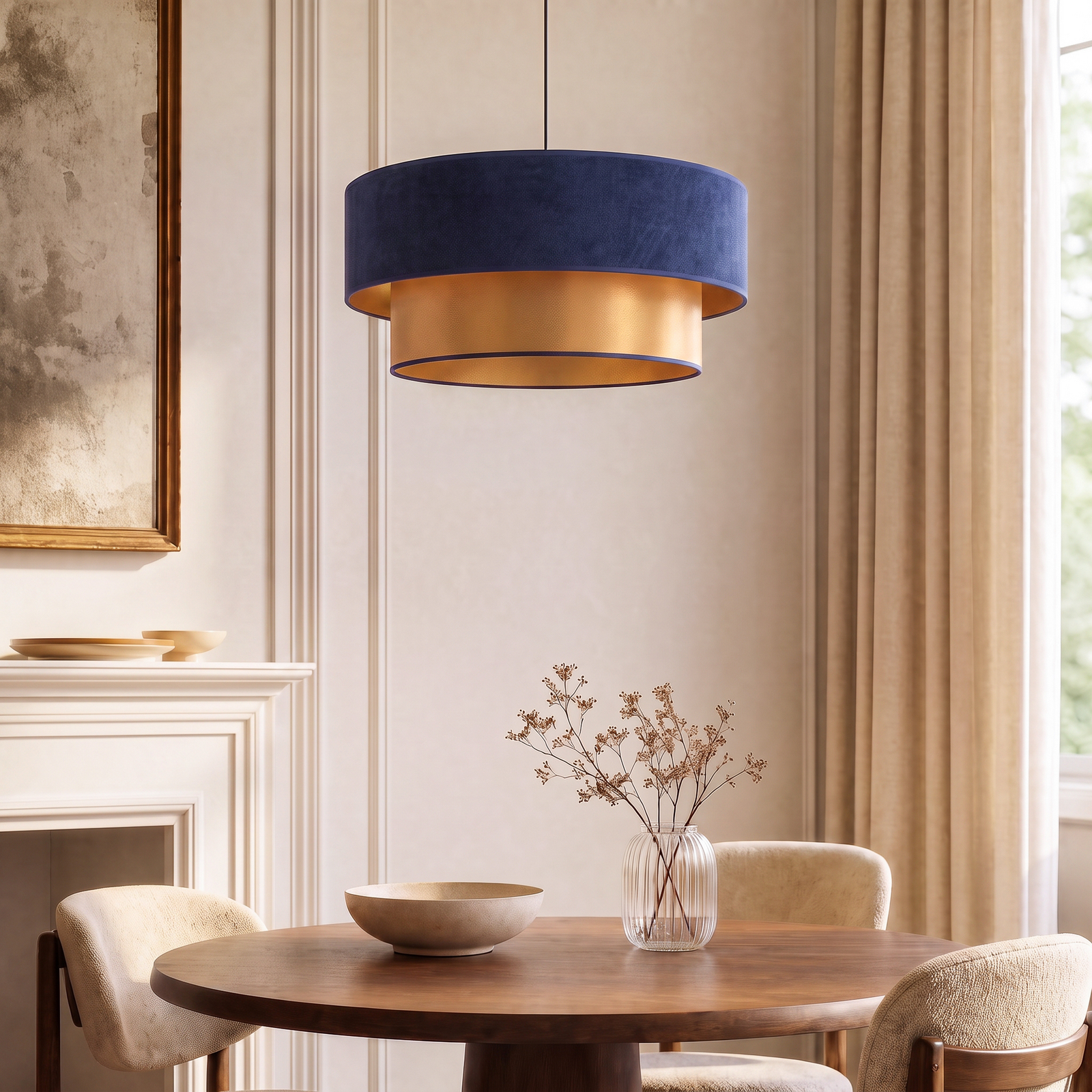 Lampada a sospensione Dorina blu scuro/oro Ø45 cm in tessuto E27 - Duolla