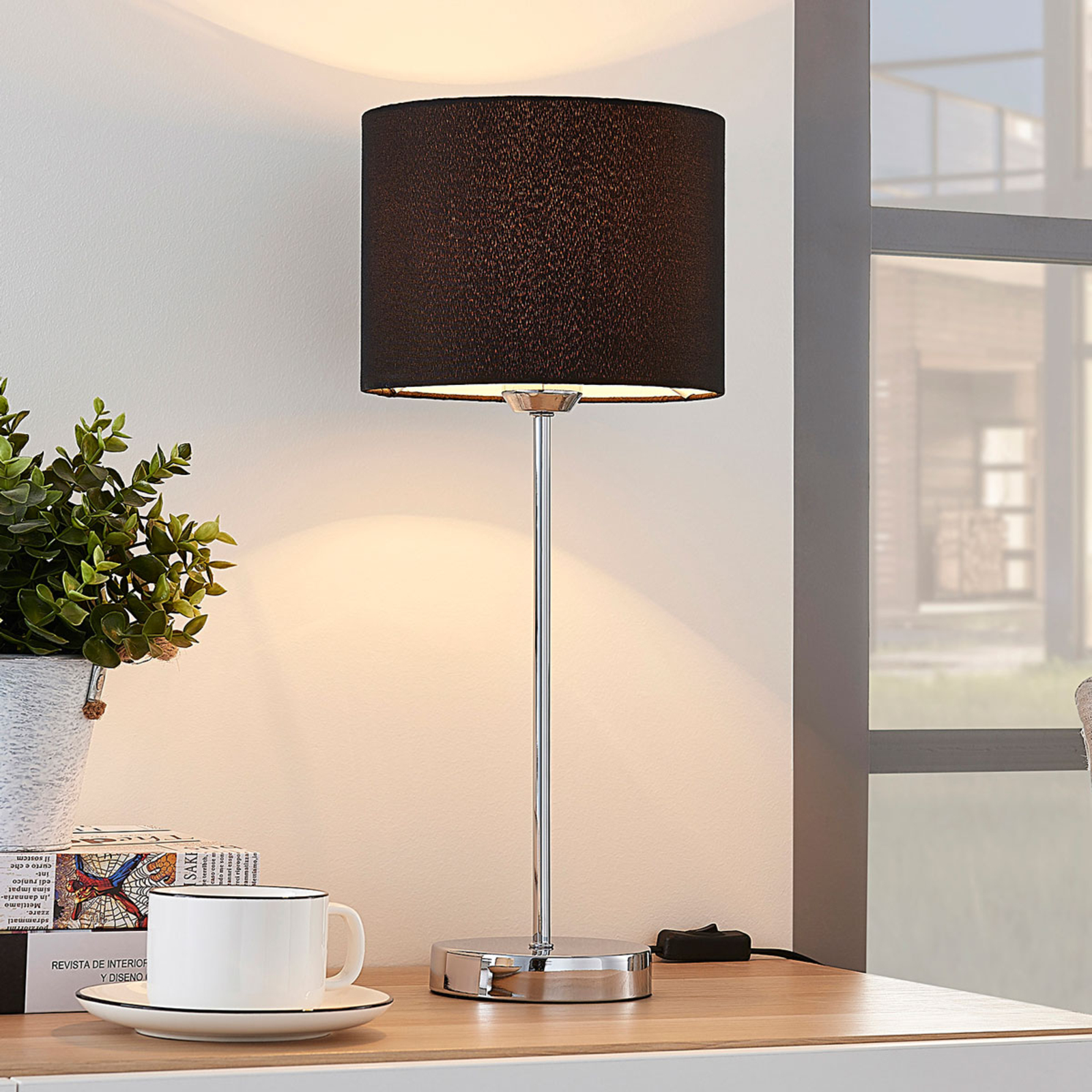 Lindby Annatina - table lamp with black fabric shade, for Bedroom, fabric, metal, E27, 60 W, energy efficiency: A++, H: 48 cm