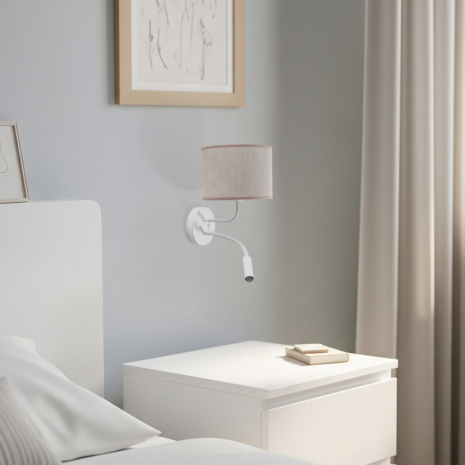 Nástenné svetlo Roller, bavlna surová biela, biela, s lampou na čítanie