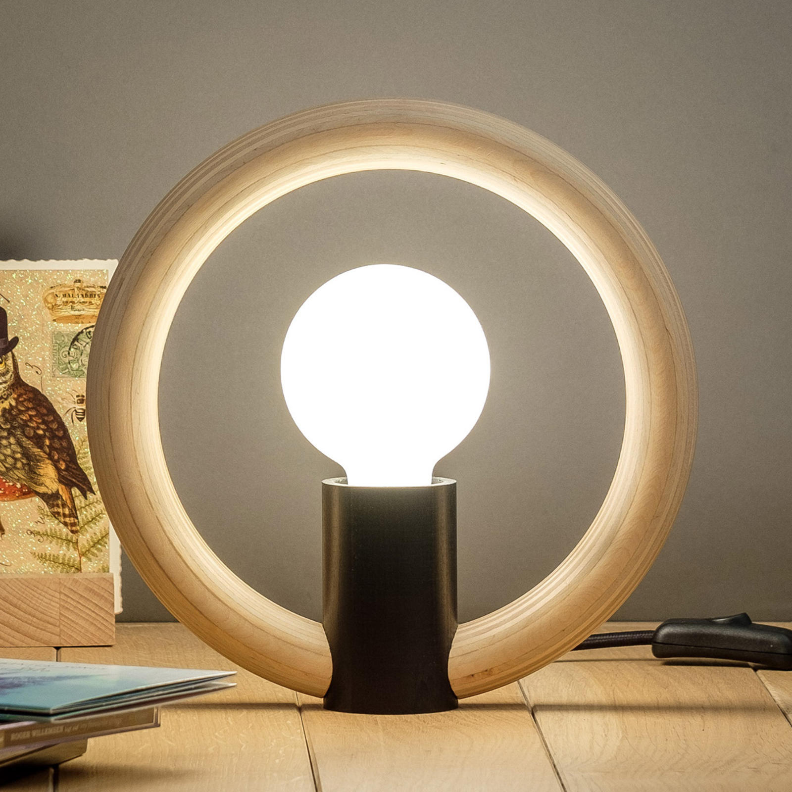 Domus Rink table lamp with a wooden ring, for Living / Dining Room, laminated wood, E27, 25 W, energy efficiency: A++, W: 5 cm