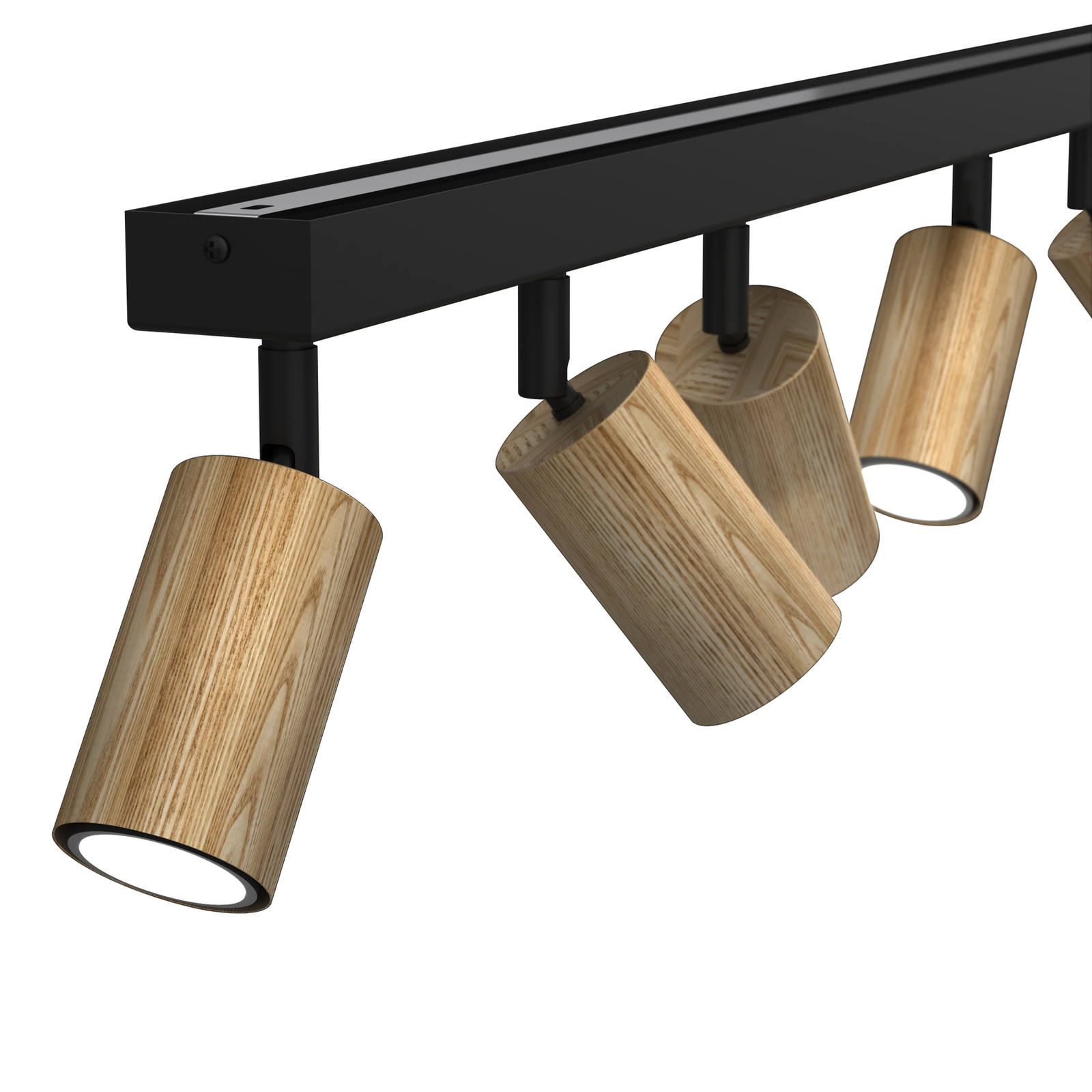 Plafondlamp Nise, 6-lamps, langwerpig, zwart staal, hout