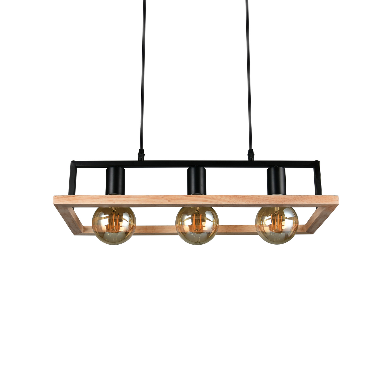 Hanglamp Bano, hout/zwart, lengte 58 cm, metaal, 3-lamps.