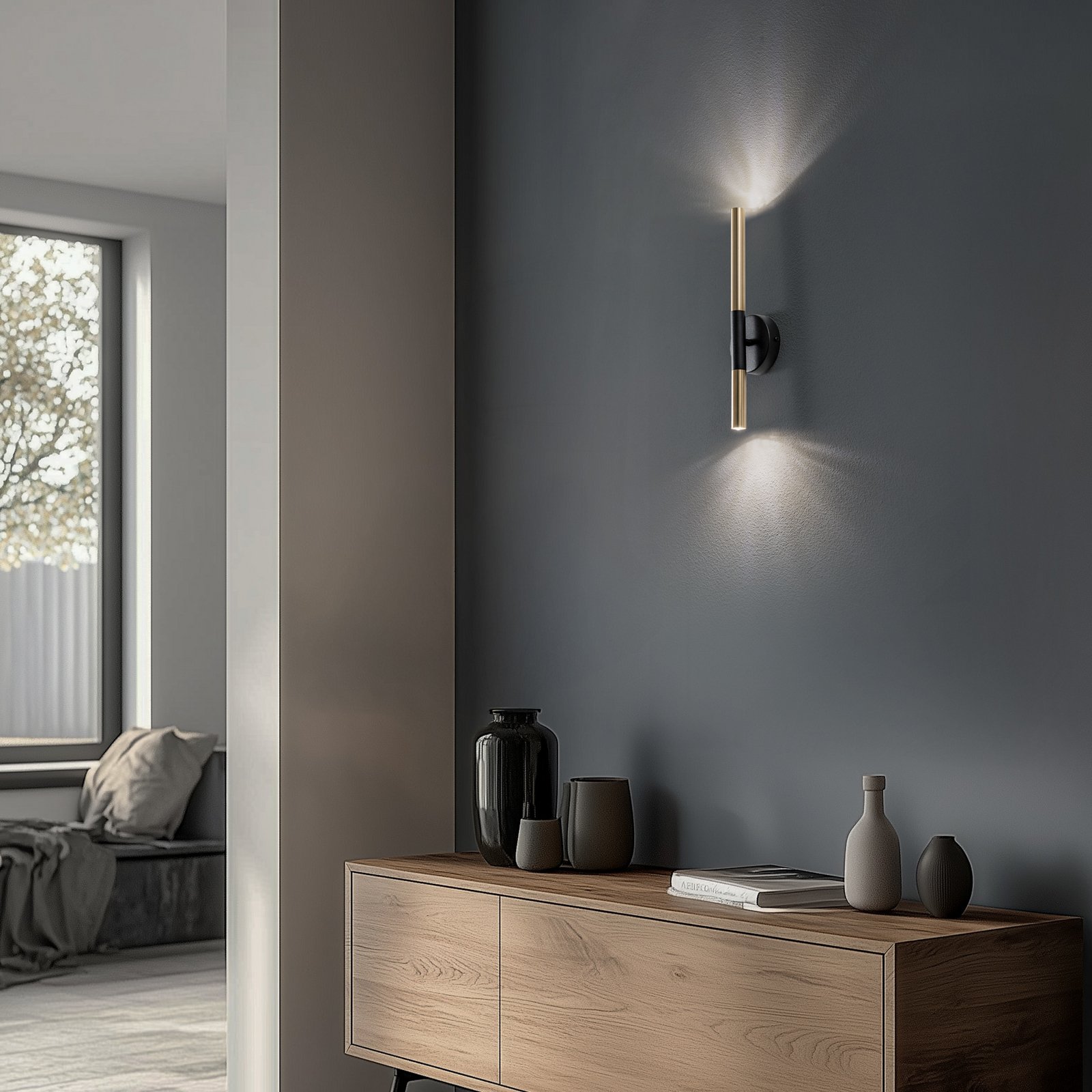 Aplică de perete Sopel Lux, 2 becuri, negru/auriu, înălțime 38 cm
