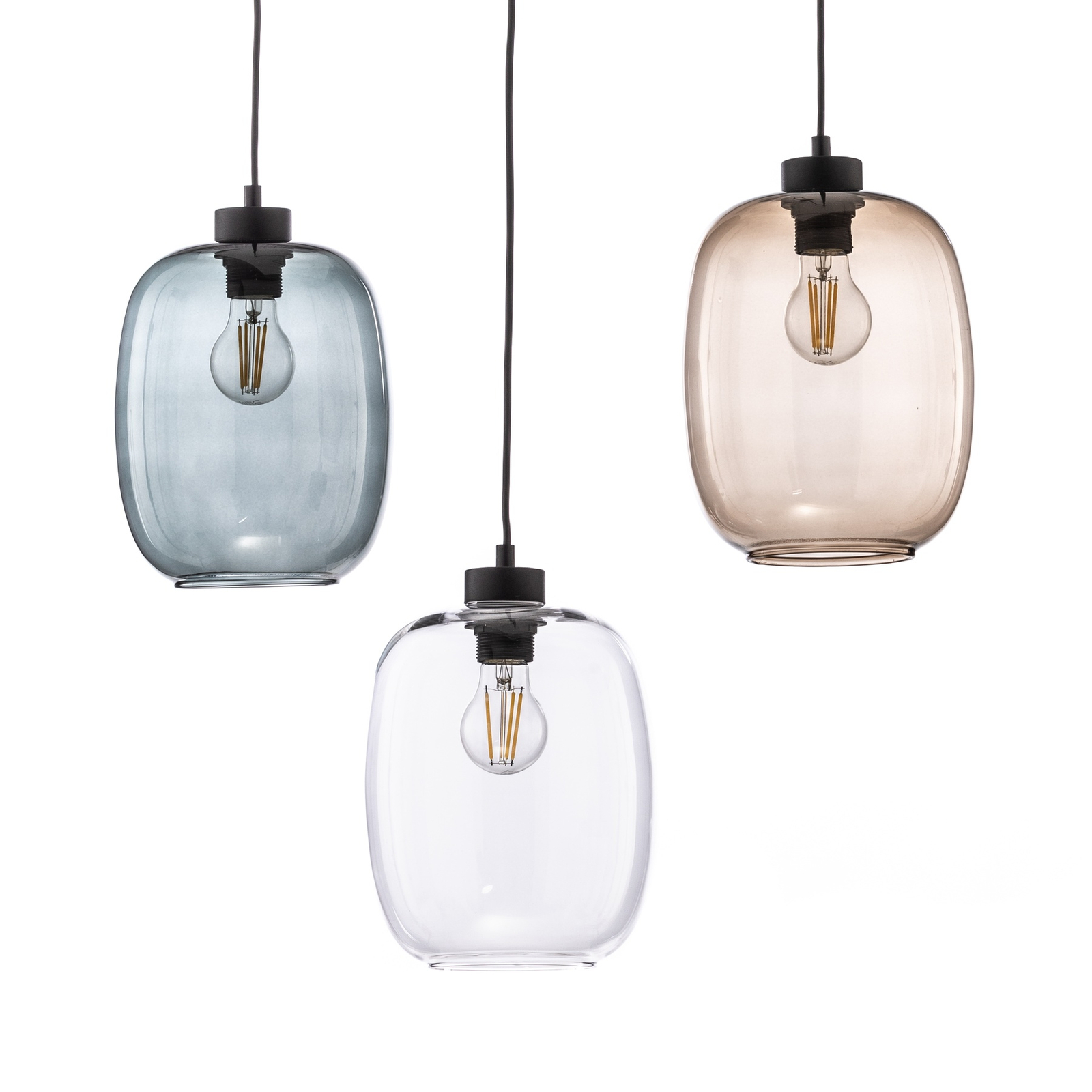 Elio pendant light, glass, brown/clear/grey, 3-bulb, decentralised