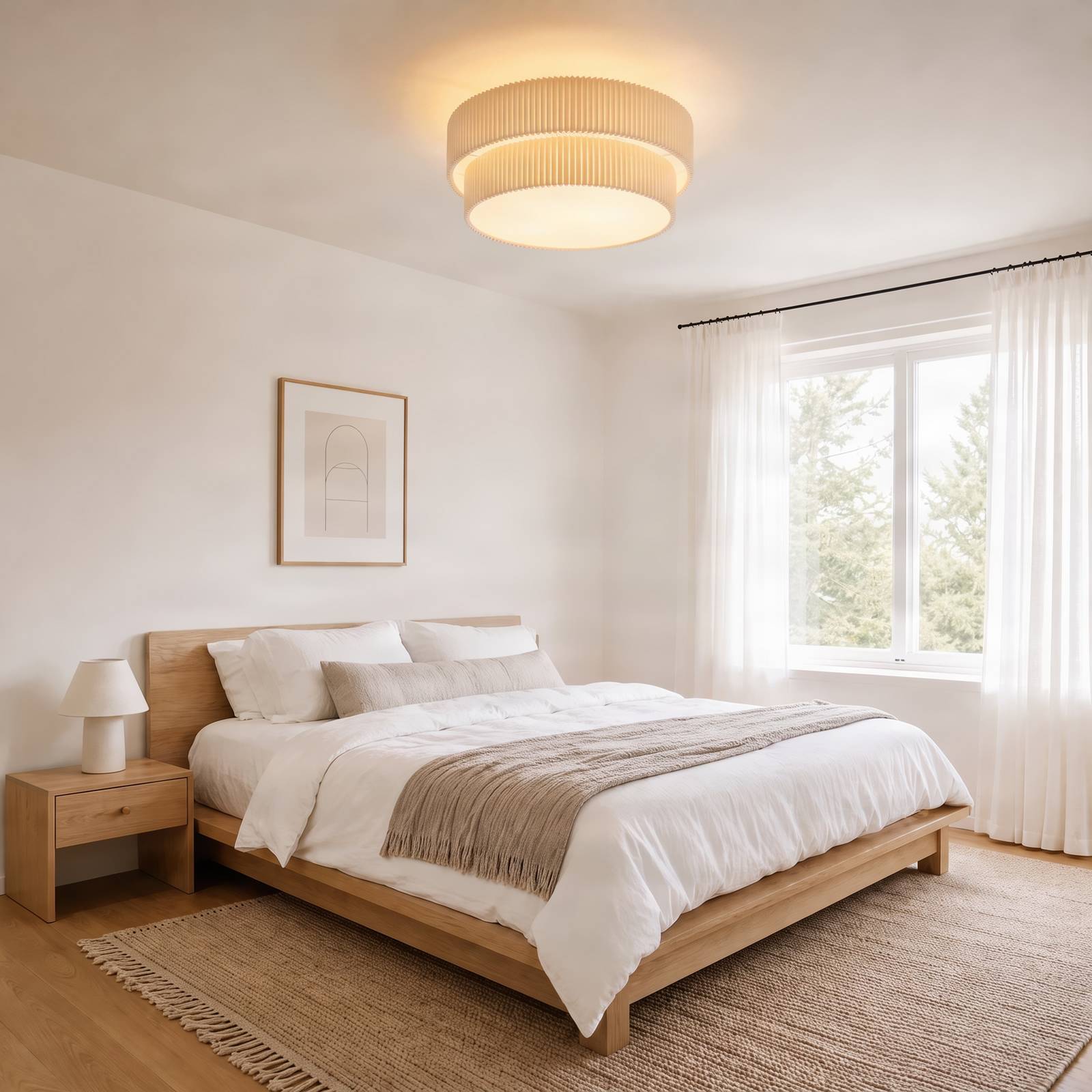 Lindby plafondlamp Tazia, Ø 50 cm, naturel/wit, linnen