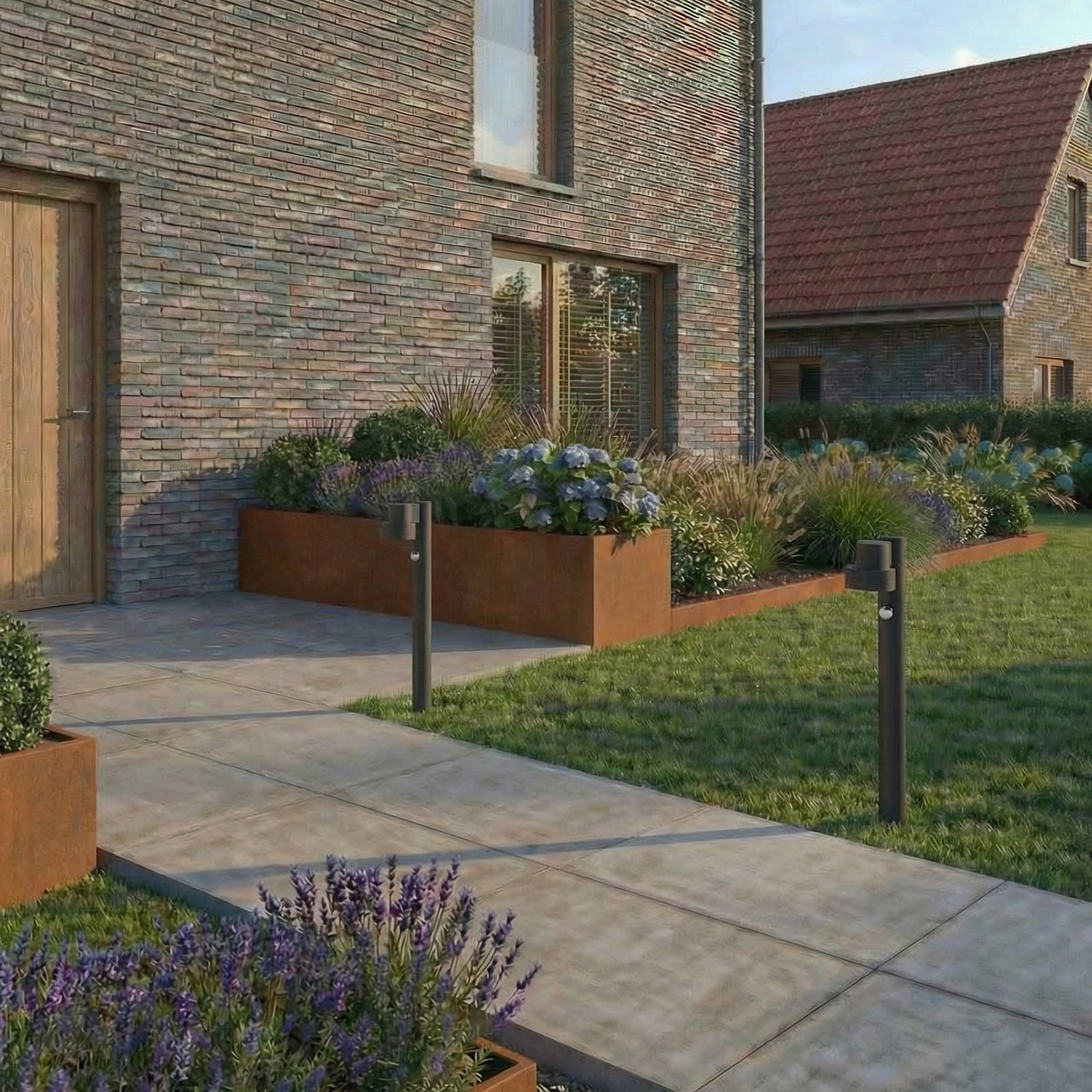 Elune LED-väglampa, svart, sensor, IP44, 77 cm – Lucande