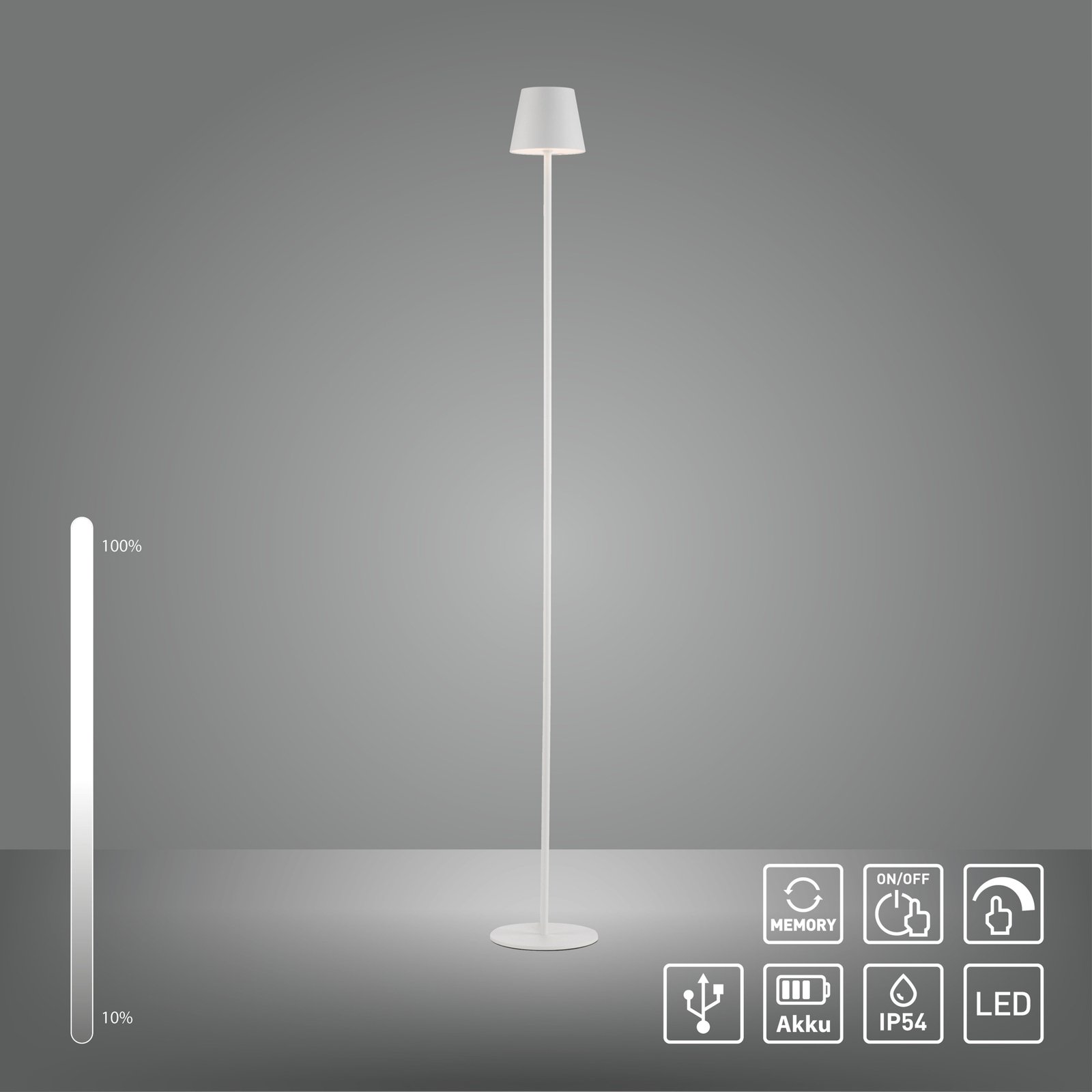 JUST LIGHT. Euria lampa stojąca LED z akumulatorem, biała, żelazo, IP54