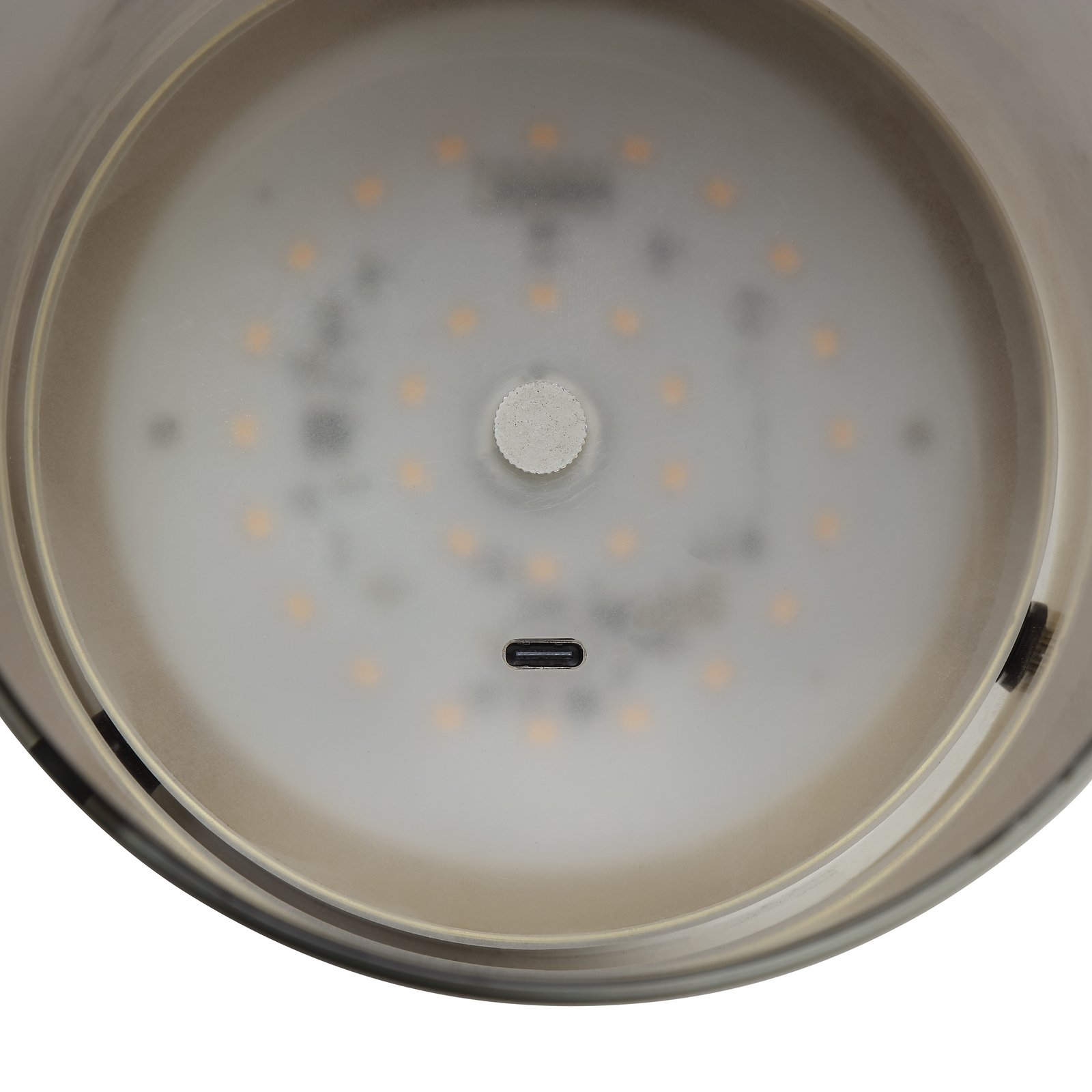 LED stolní lampa Lumeo, Ø 13 cm, mosazná/kouřově šedá
