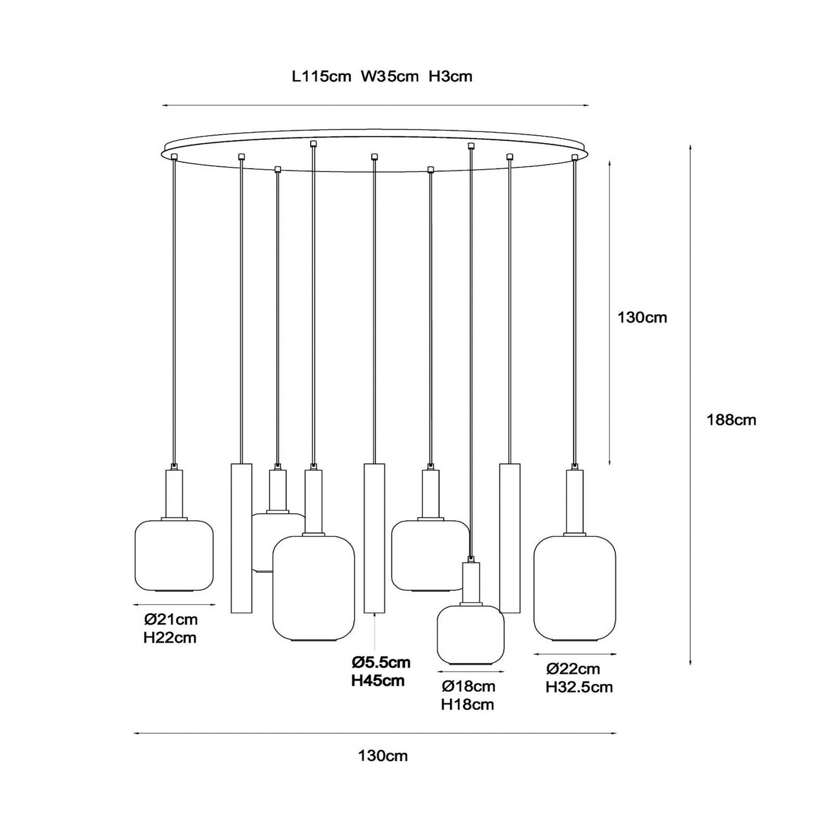 Hängelampe Joanet, Länge 130 cm, rauch/messing, Glas, 9-flg.