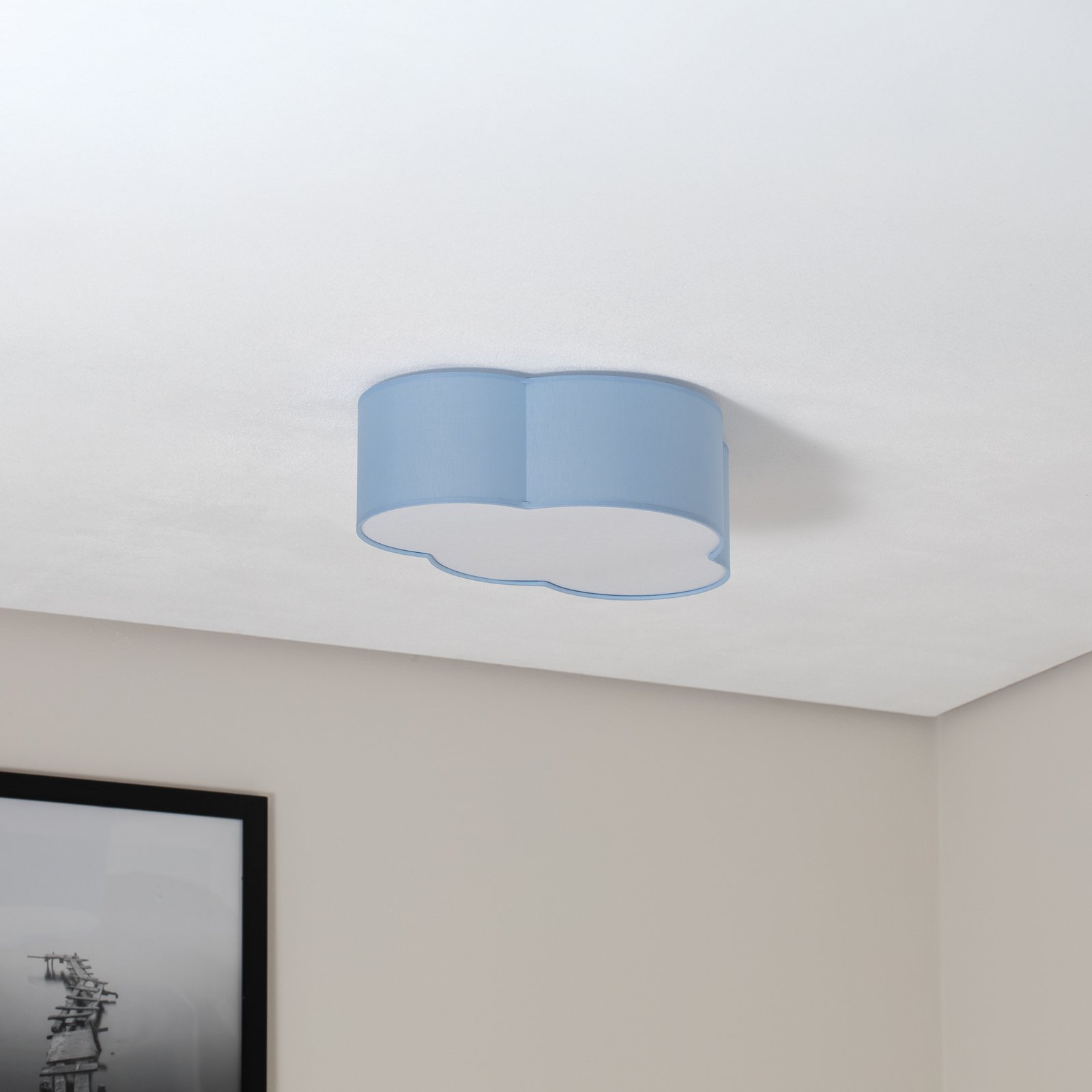 Plafondlamp Cloud, blauw, 43 cm lang, textiel, wolk, E27