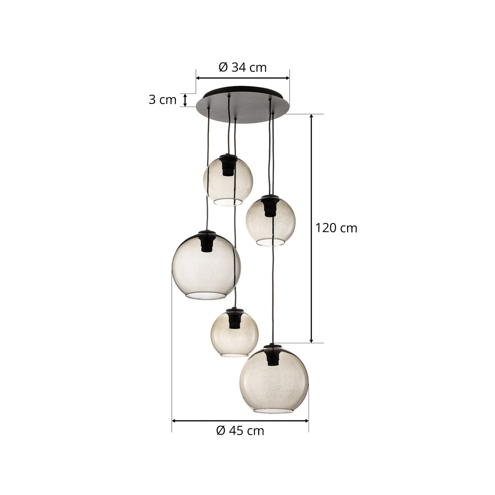 Vetro pendant light made of glass, 5-bulb