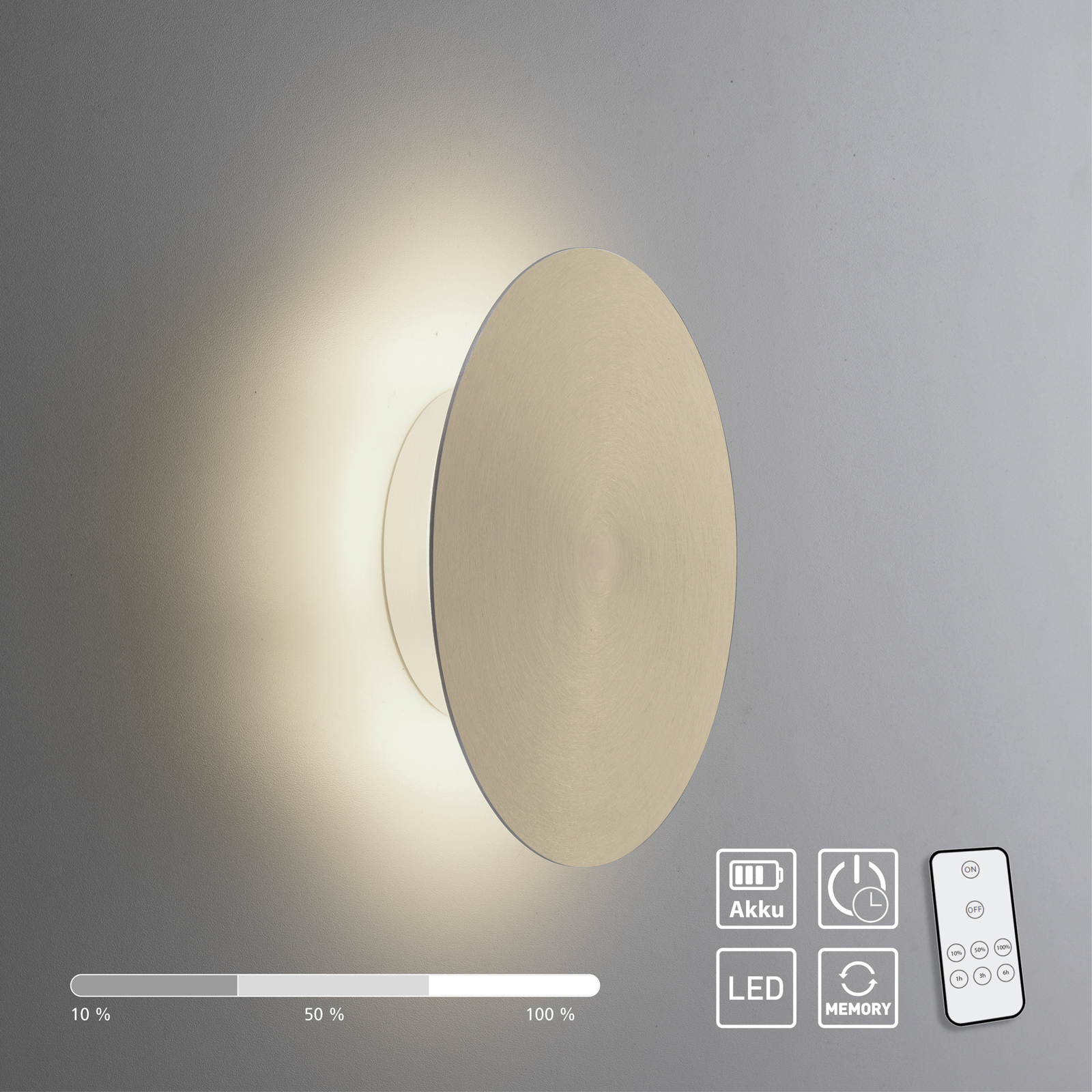 LED nástenné svietidlo na batérie Puntua Ø 18 cm mosadz matná