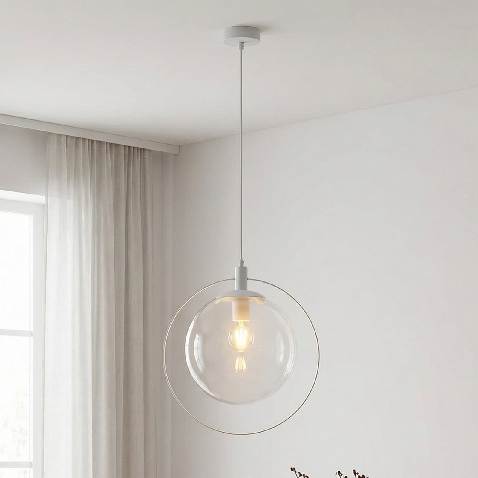 Suspension Aura, blanc, métal, verre, transparent, E27