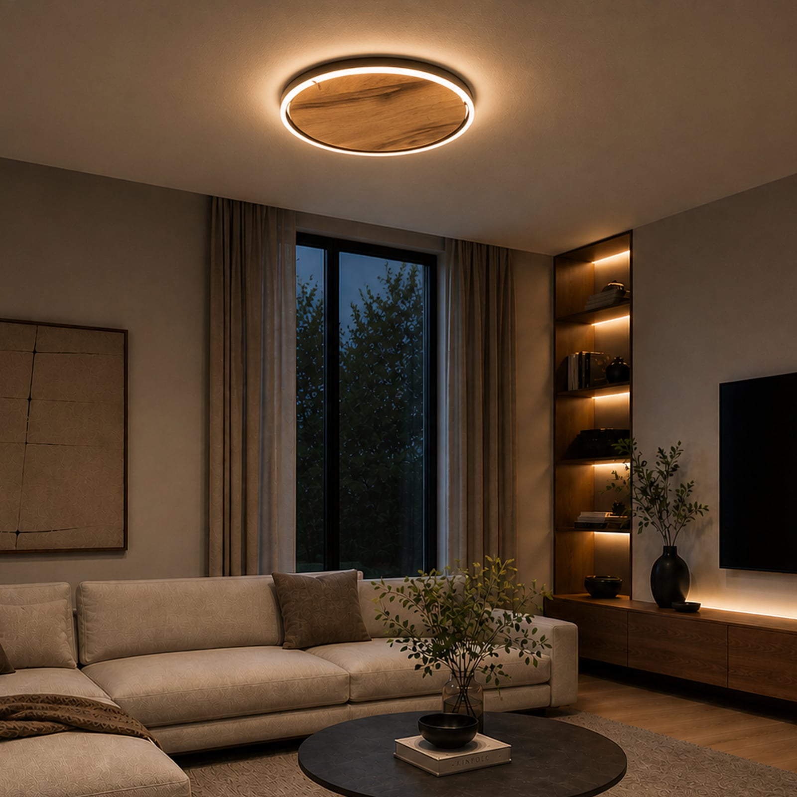 LED plafondlamp Havana M, eikenhout met knoesten/metaal, Ø 57 cm