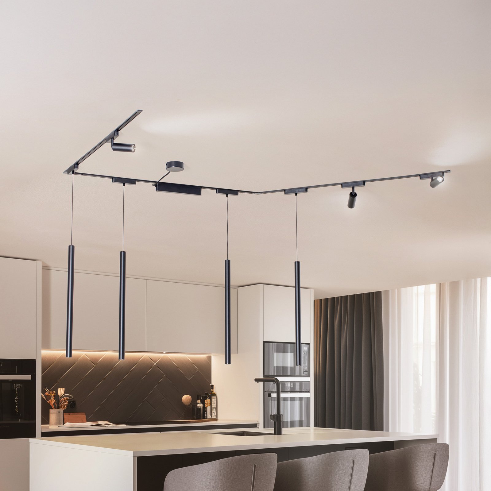 Système de lampes sur rail Lumaro,spots,suspension,7 lampes,noir,48V,variateur