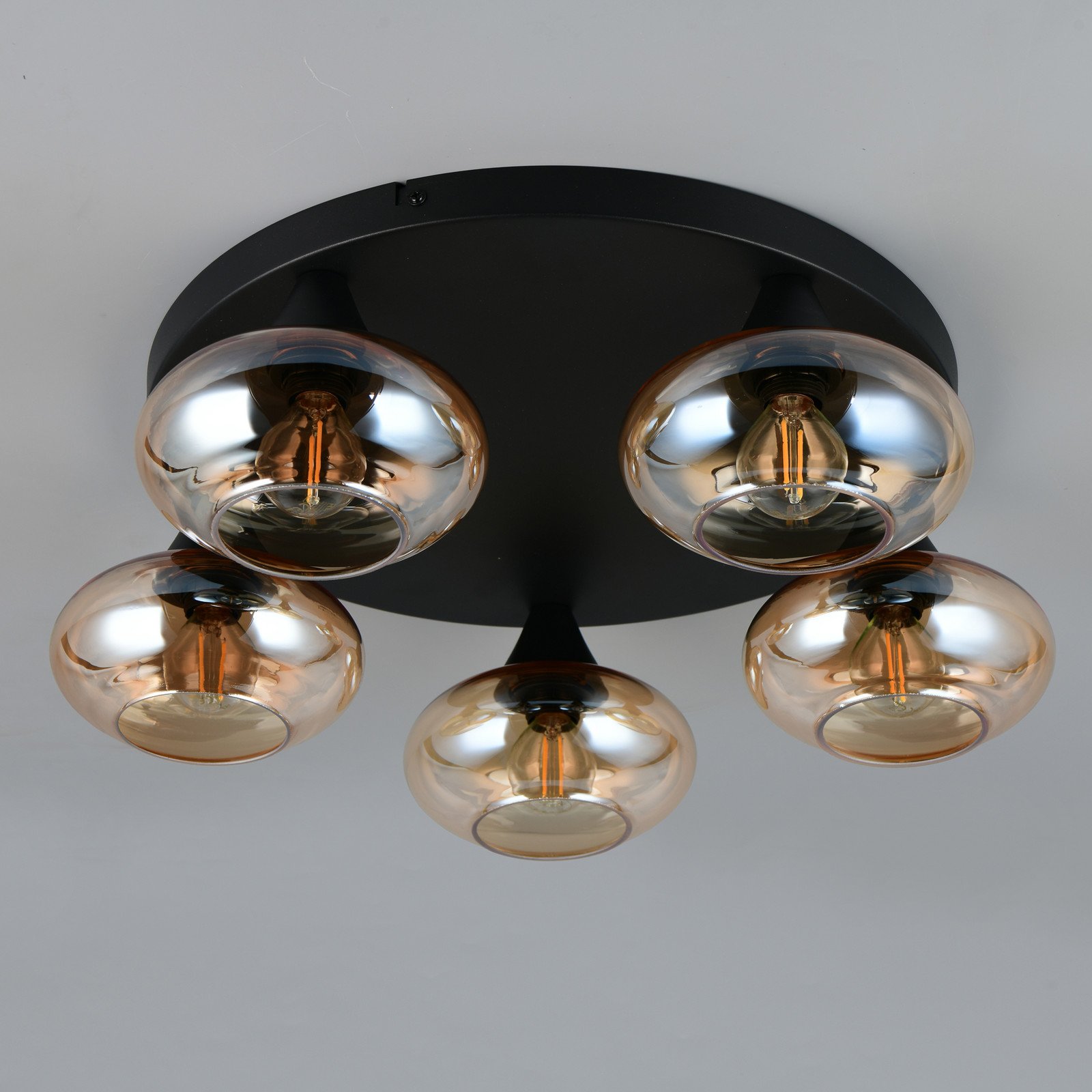 Reality Leuchten Plafonieră Divina culoare chihlimbar Ø 49 cm 5 becuri sticlă - Camera de zi / sufragerie - Modern - culoarea chihlimbarului negru