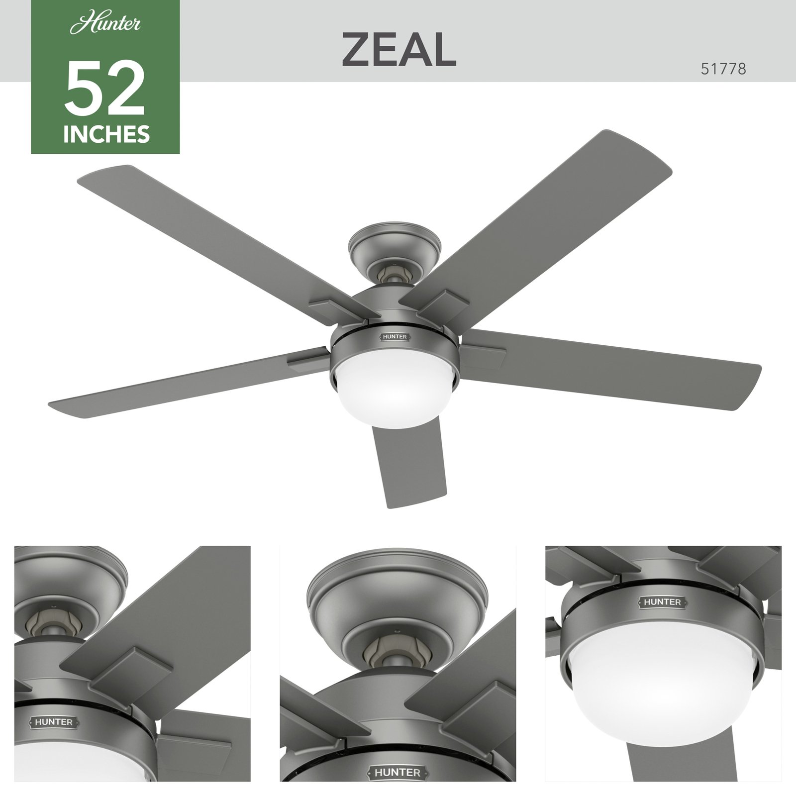 Hunter Zeal ceiling fan AC lamp E27 silver