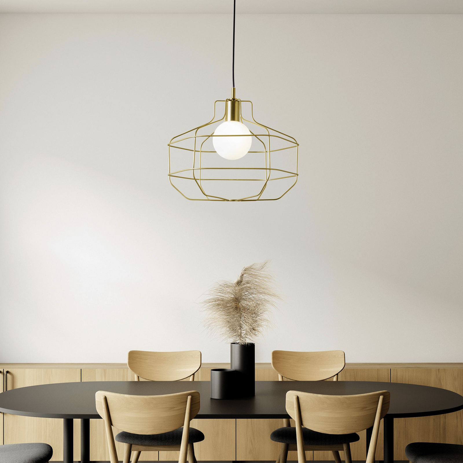 Wire pendant light, gold, metal cage, 40 x 33 cm