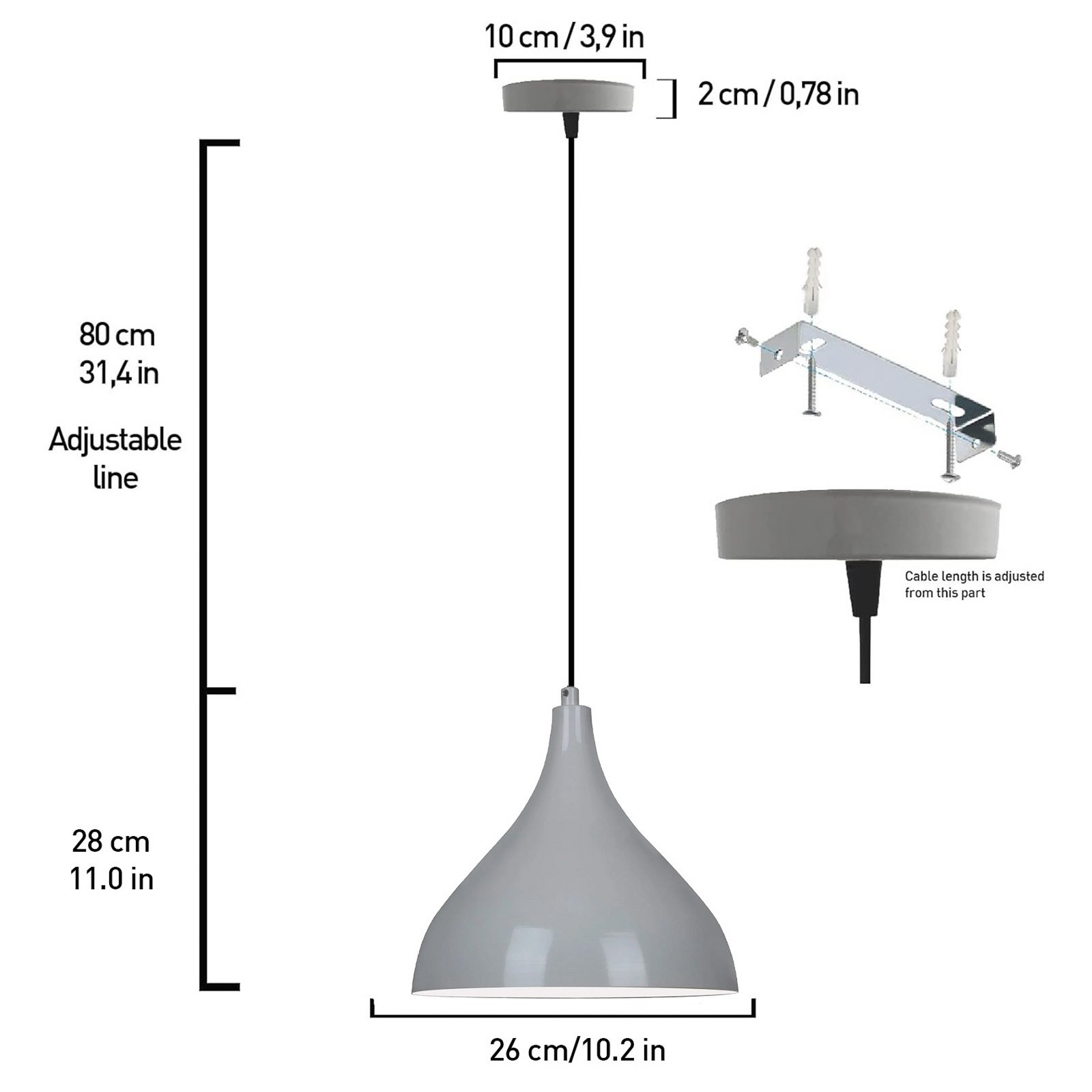 Adash pendant light, grey, metal, Ø 26 cm, E27