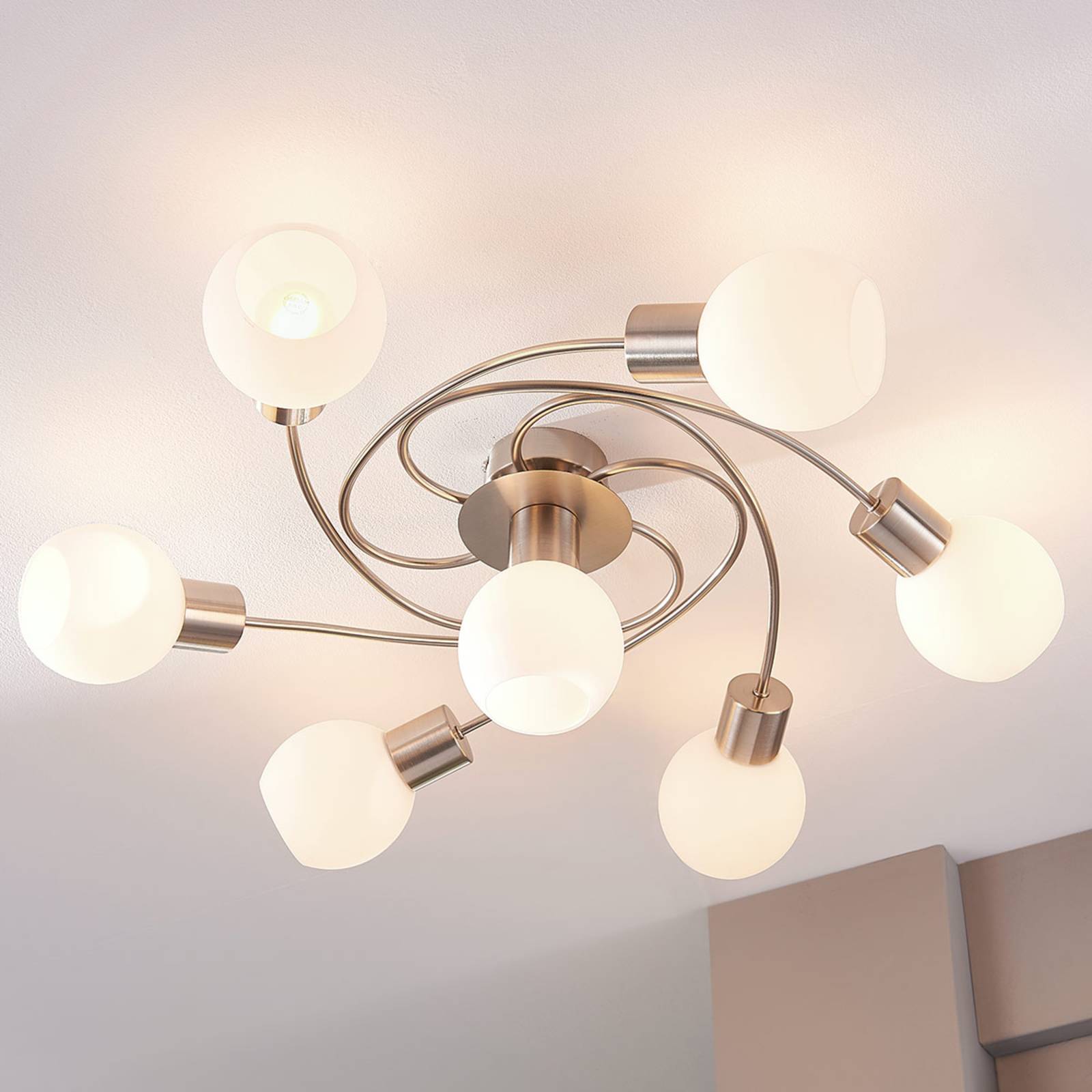 Lampa sufitowa Lindby Ciala, 7-punktowa, kolor nikiel, szkło