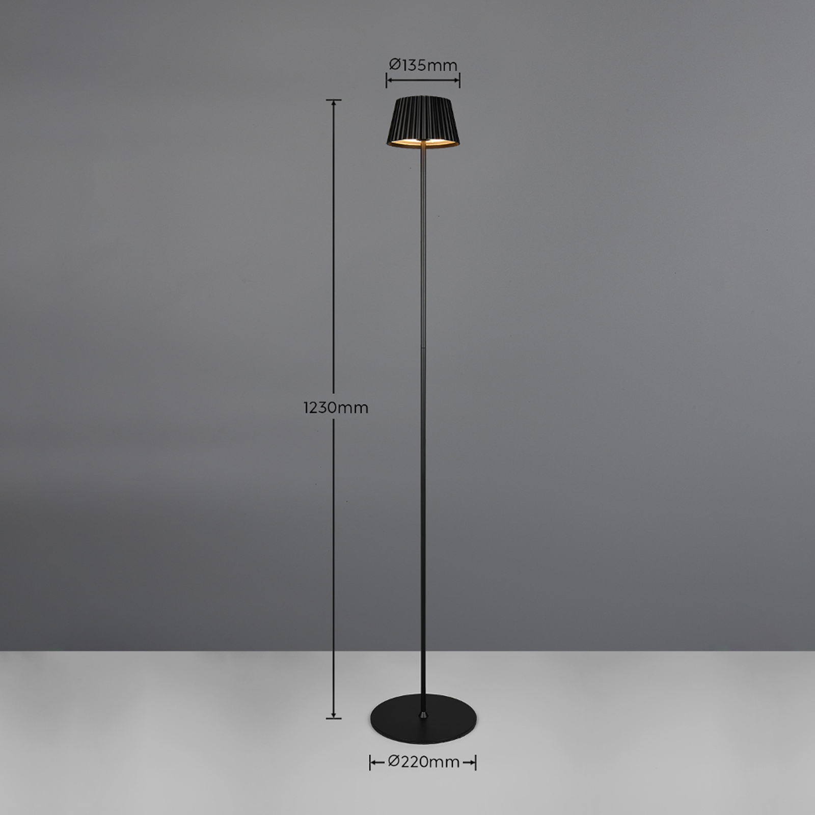 Suarez LED įkraunama grindų lempa, juoda, aukštis 123 cm, metalinė
