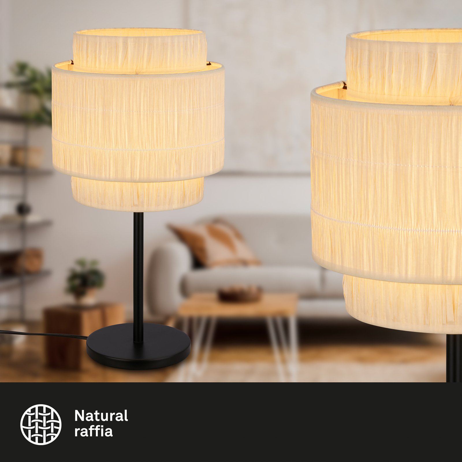 Papper table lamp, natural colour, raffia, height 50 cm