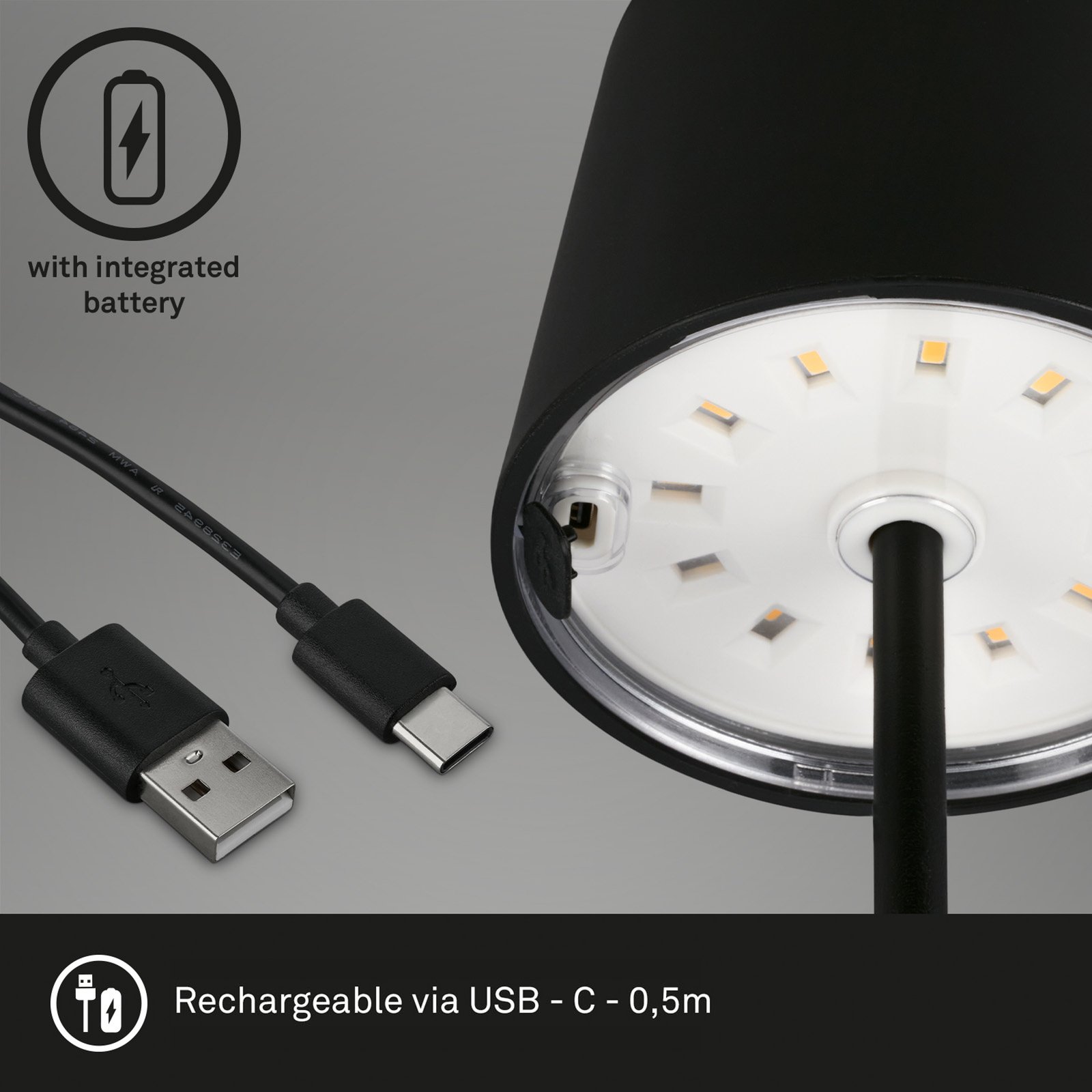 Piha LED asztali lámpa újratölthető akkumulátorral, fekete színben