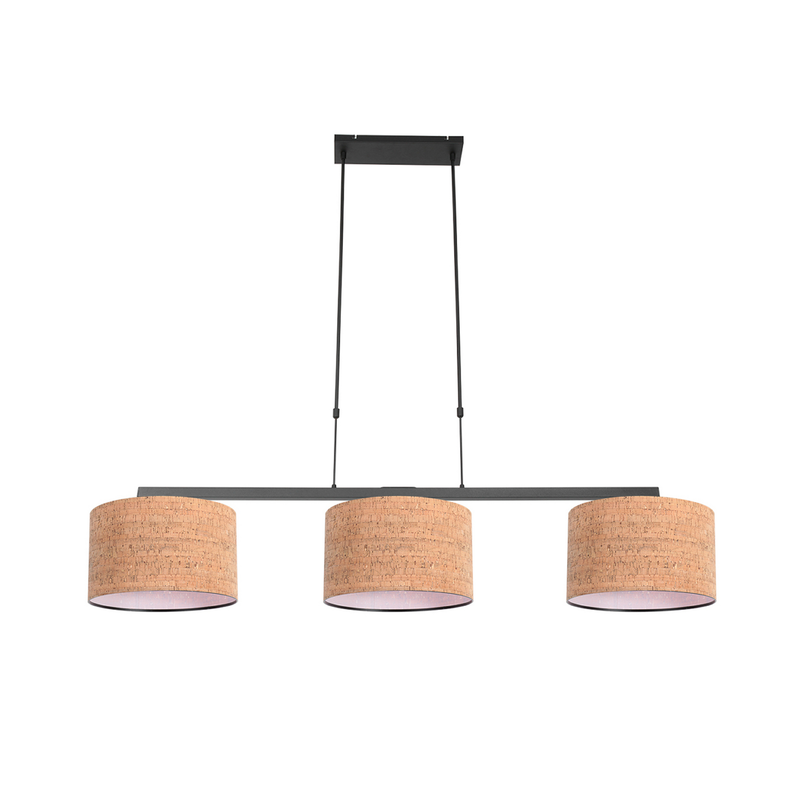 Lampada a sospensione Stang, nero/marrone, lunghezza 140 cm, sughero, a 3 luci.