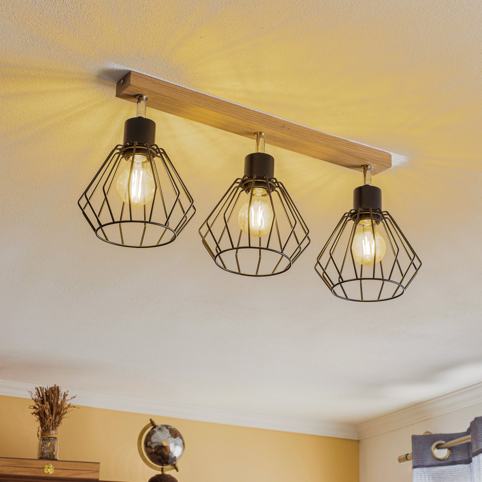 Envostar Vento ceiling lamp black/oak 3-bulb