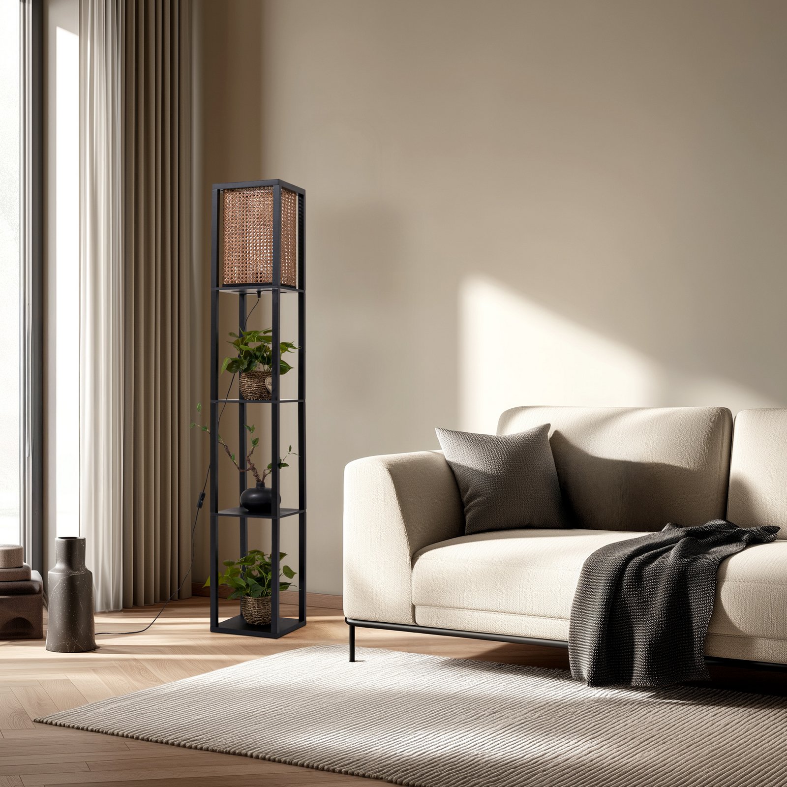 Lindby Stehleuchte Birta, schwarz/natur, Regal, Rattan