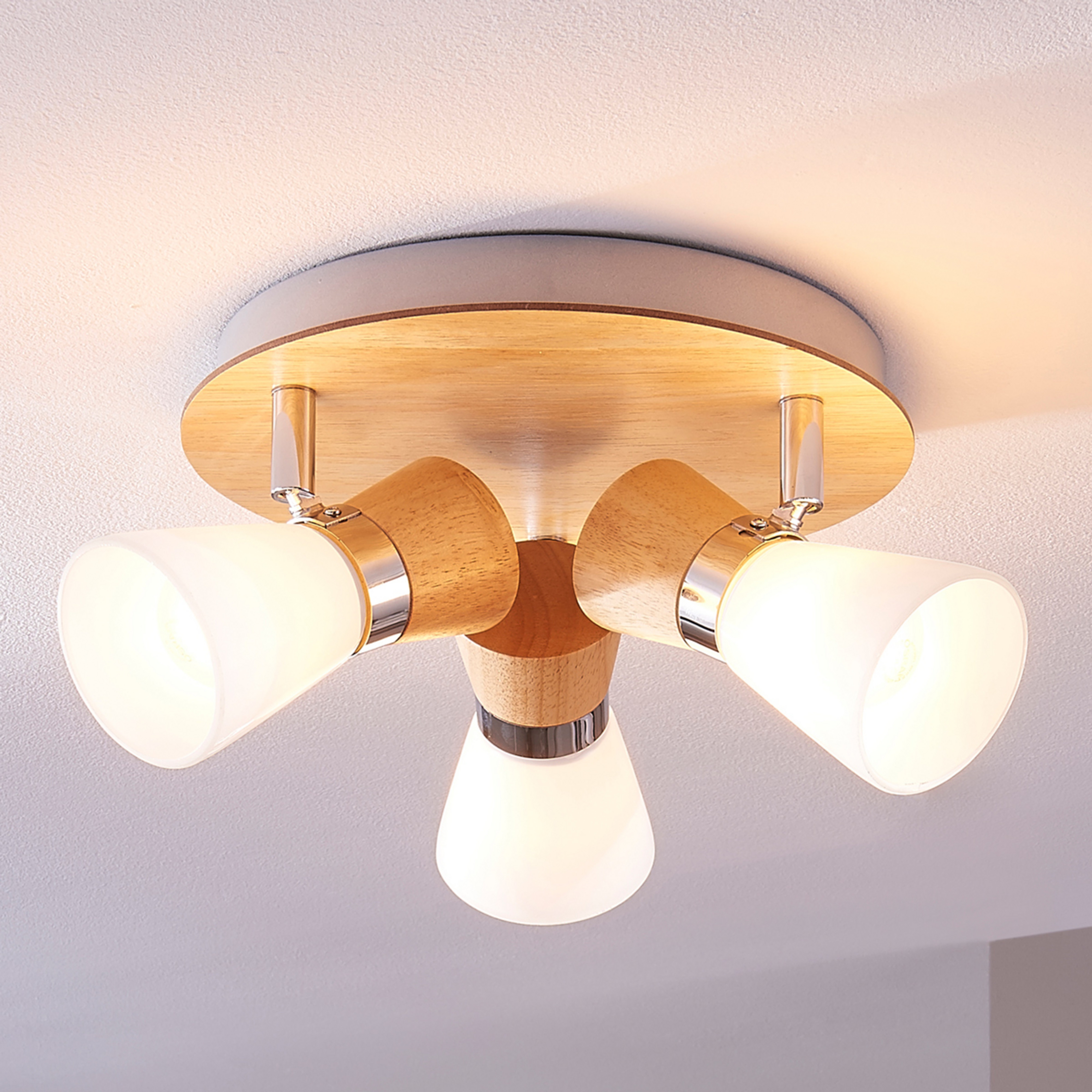 Lindby plafondlamp Vivica, Ø 26 cm, chroom, glas, hout