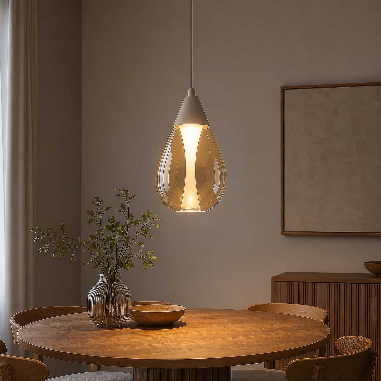 Searchlight LED hanglamp Pear, 1-lamp, beige, amberkleurig glas, 3.000 K