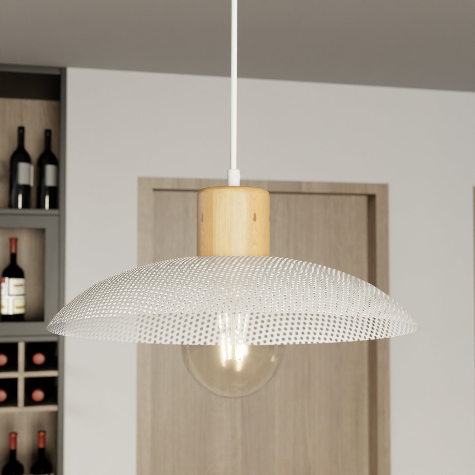 Lampada a sospensione Kobe, 1 luce, acciaio, legno, bianco