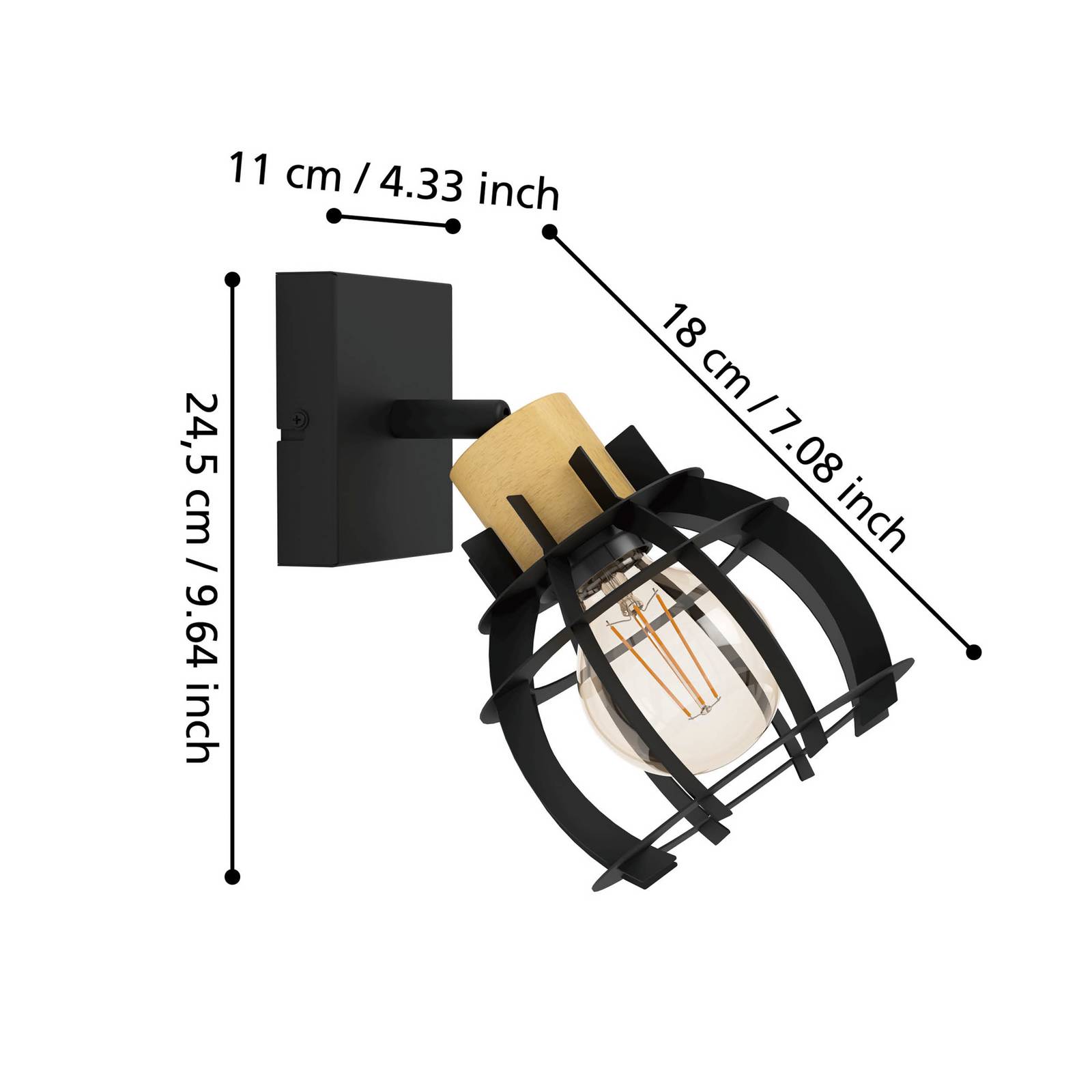 EGLO Wandlamp Stillington 1 van staal met houtdetail