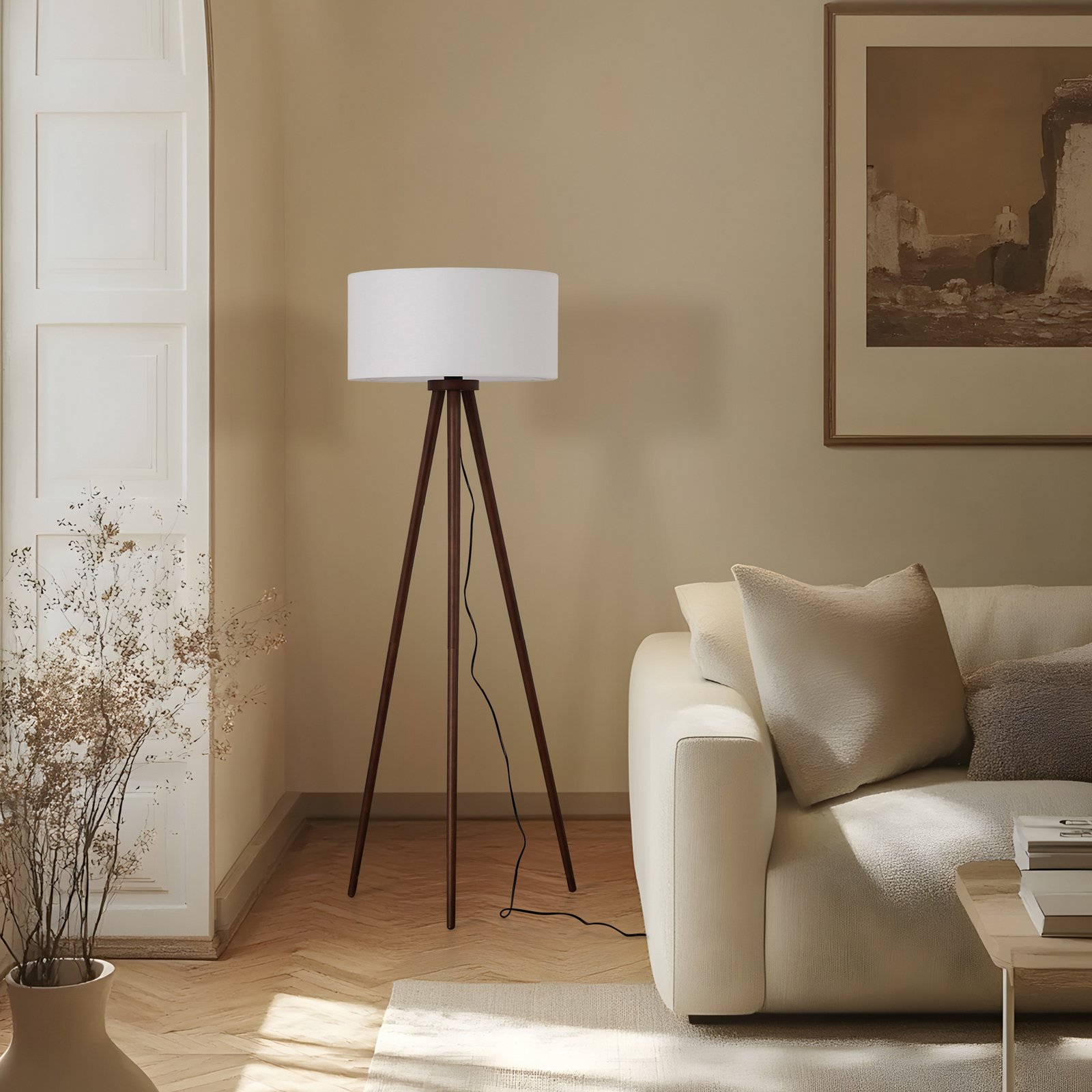 Lindby Charlia floor lamp, white, walnut wood, height 150 cm