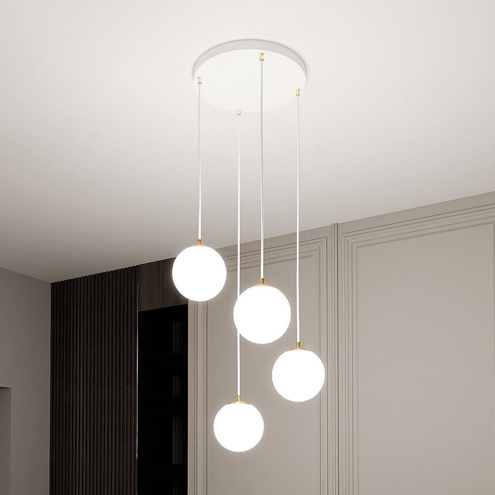 Lampada a sospensione Royal, a 4 luci, bianco opalino/bianco, vetro, E14