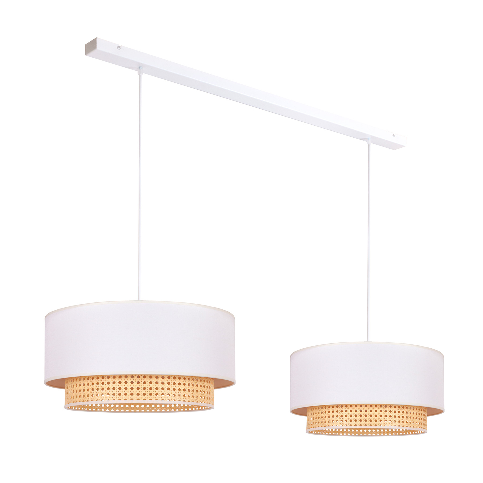 Boho hængelampe, 2 lk, tekstil, creme-hvid/rattan