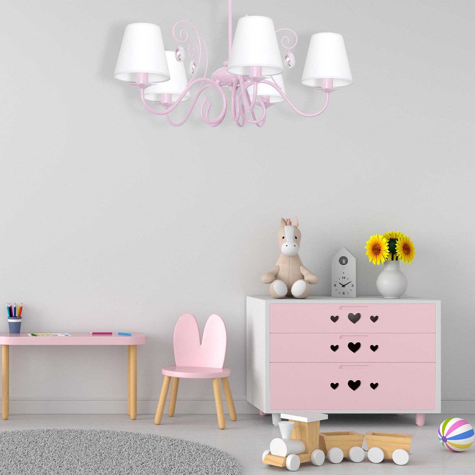 Lysekrone Sara med fem tøyskjermer hvit/rosa