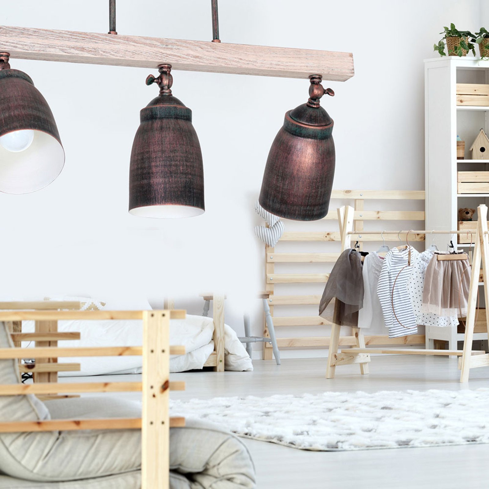 LUMINEX Alejo ceiling light with three cylinder lampshades, for Living / Dining Room, metal, wood, E27, 60 W, energy efficiency: A++, L: 62 cm, W: 15 cm, H: 42 cm