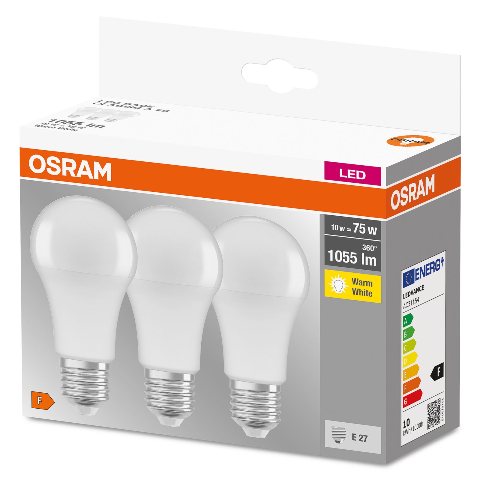 OSRAM LED-pære E27 Base CL A 10W 2 700 K matt 3er
