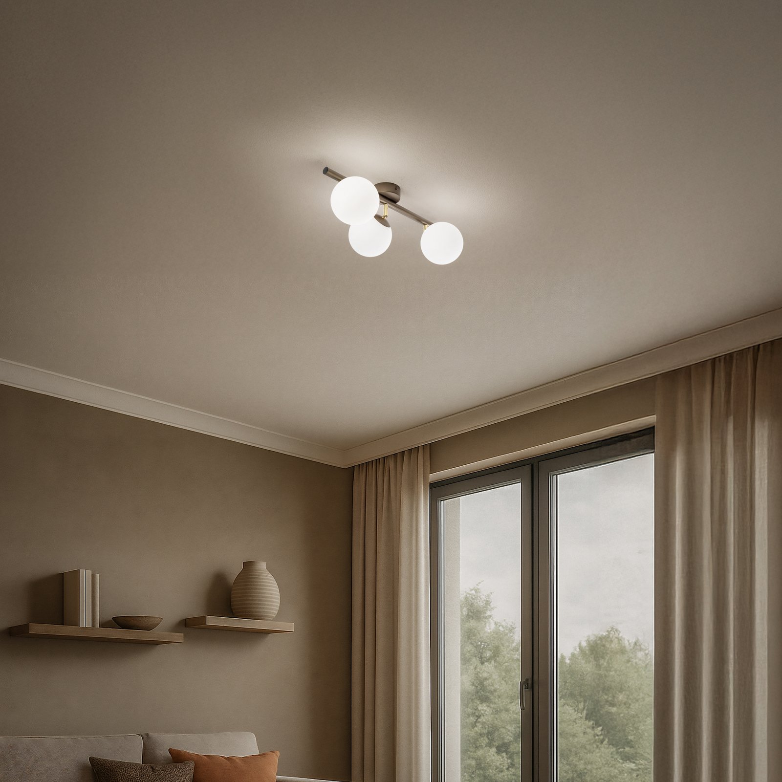 Sieninis šviestuvas „Drum“, kavos spalvos, 3 lemputės, stiklas, ilgis 46 cm Sieninis šviestuvas „Drum“, kavos spalvos, 3 lemputės, stiklas, ilgis 46 cm