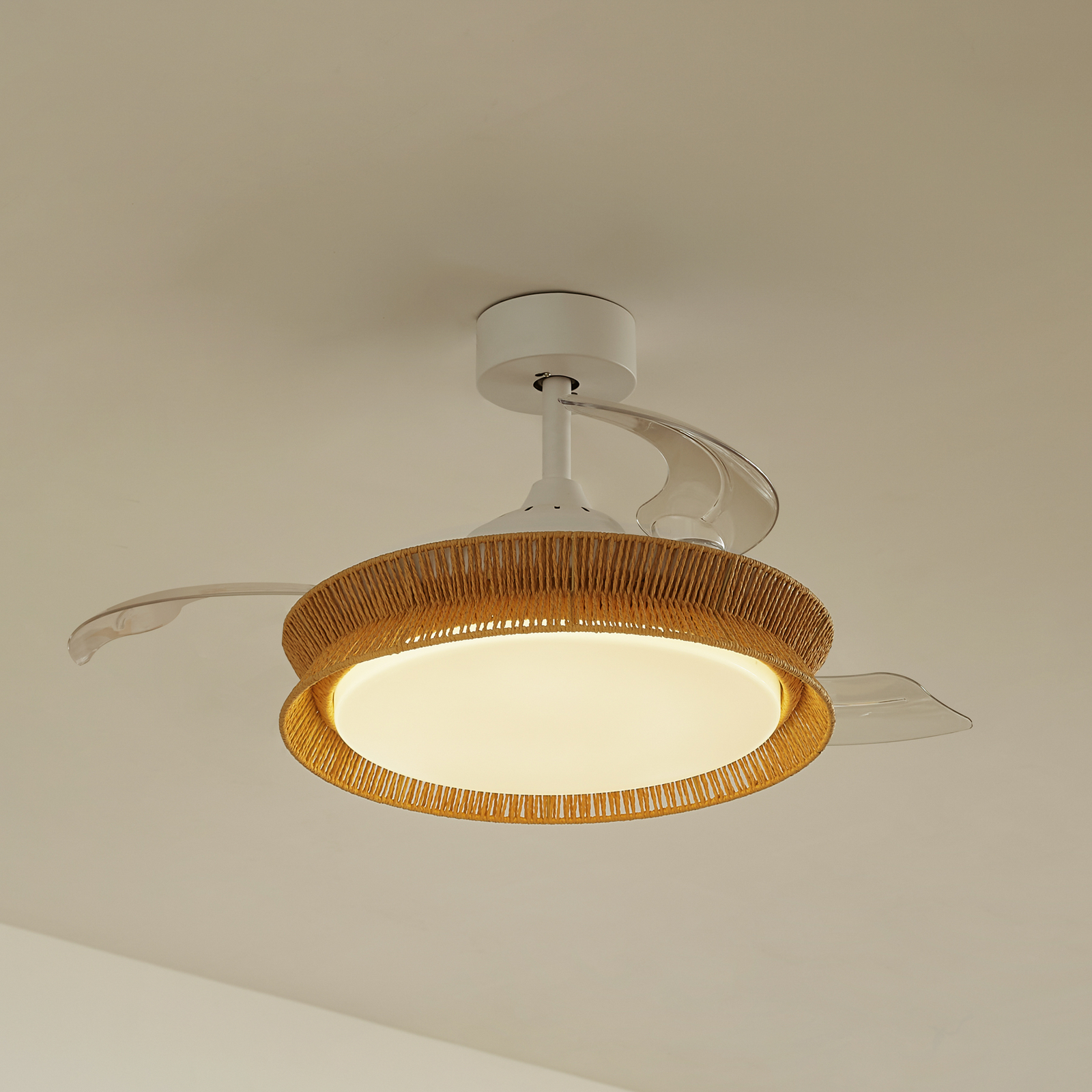 Lucande LED mennyezeti ventilátor Lineta, fehér, kötél, Ø103cm, CCT