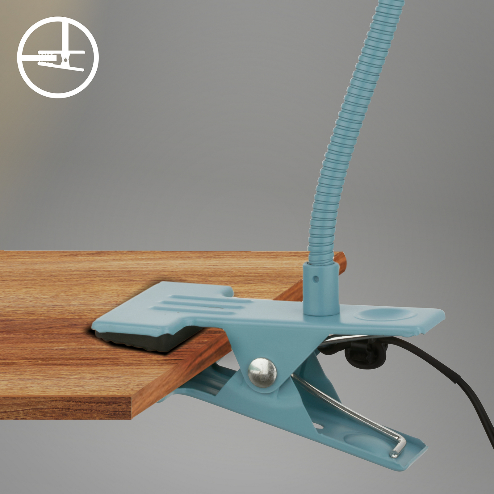 LED-Klemmleuchte Fleks, taubenblau, flexibel, Metall