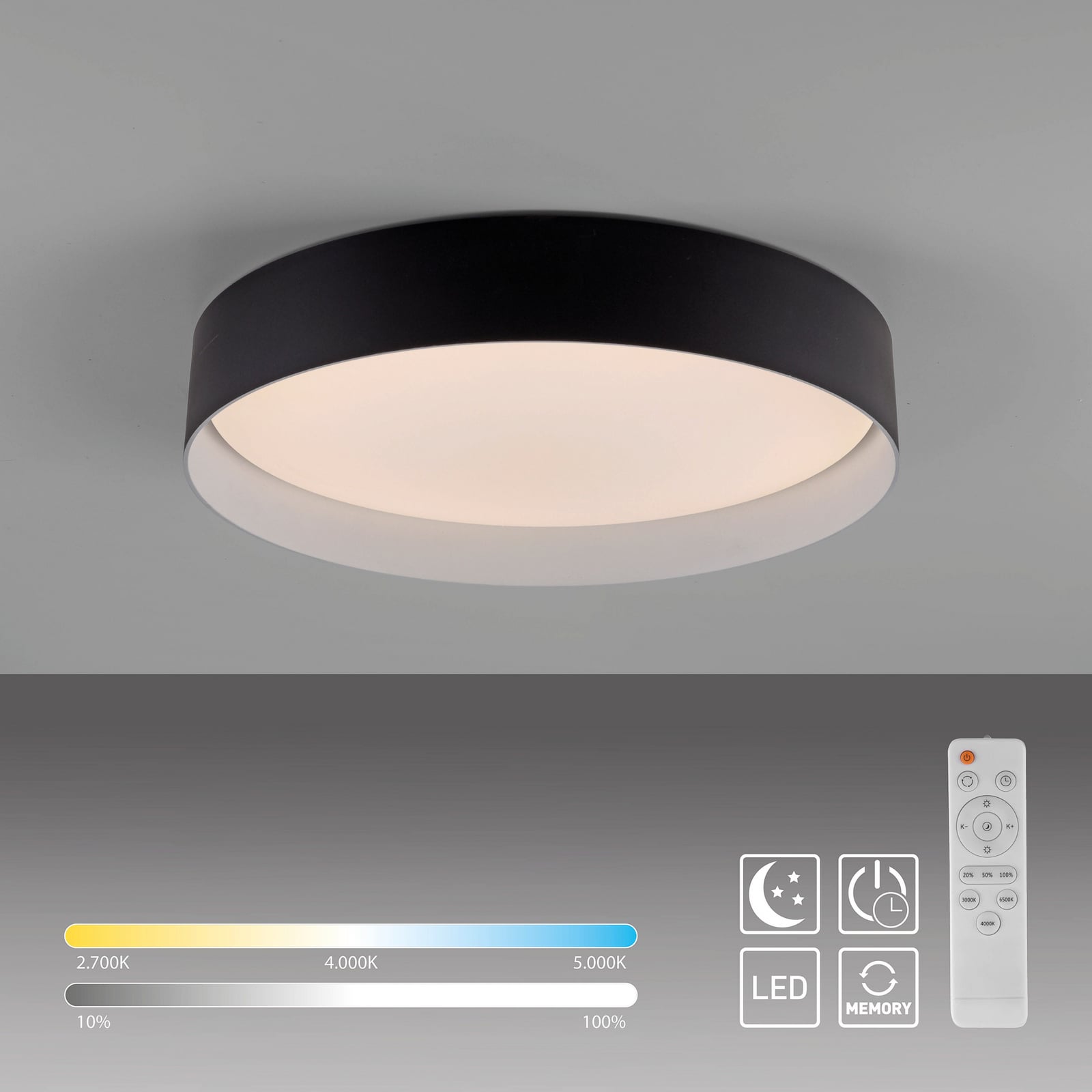 LED lubinis šviestuvas „TAVOLI“, juodos spalvos, skersmuo 39 cm, metalas, CCT,