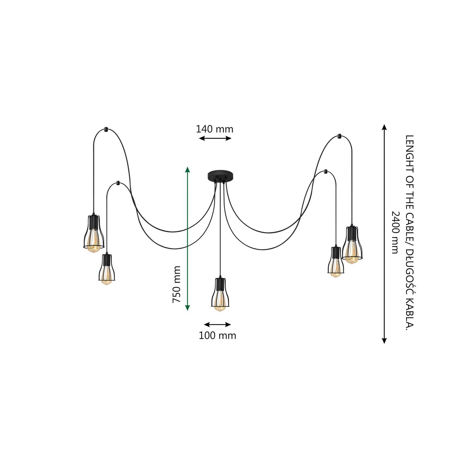 Tube lange hanglamp, zwart, metaal, 5-lamps, E27