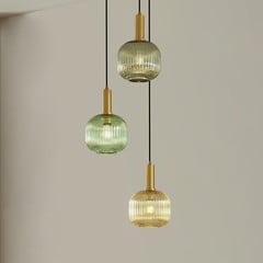 Lindby Doroteo hængelampe, 3 lyskilder, grøn/amber/grå, glas