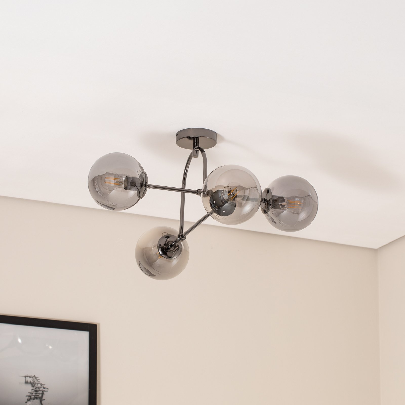 Portemo ceiling lamp, smoke grey/nickel, 83x74 cm, 4-bulb glass