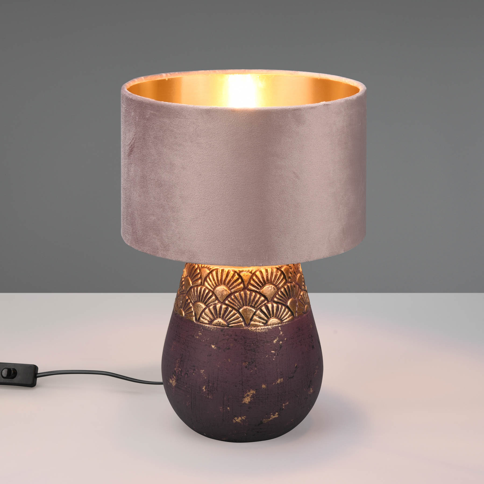 Lámpara mesa Kiran, Ø 26cm, pie de cerámica marrón