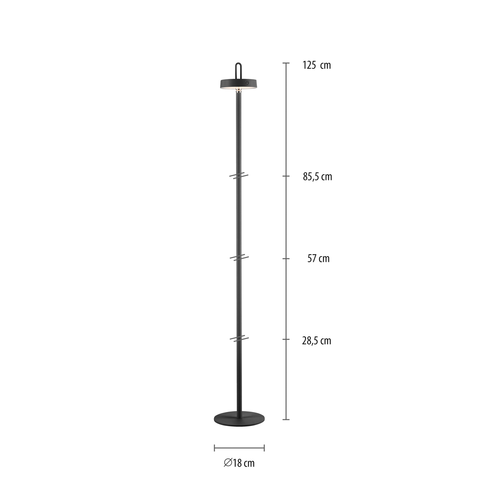 JUST LIGHT. Amag lámpara de pie LED recargable, negra, hierro, IP44