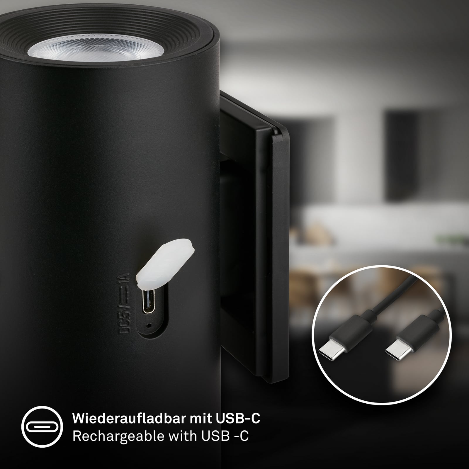 LED-akutoitega seinavalgusti Isy, mattmust, plastik, 3000 K